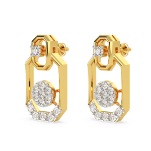 A pair of yellow gold earrings with a geometric octagon shape featuring diamond accents, zoomed view