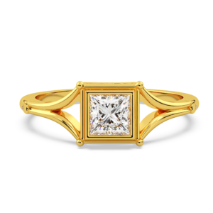 A yellow gold ring with a princess-cut diamond set in a bezel setting