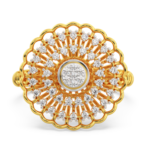 A yellow gold ring featuring a floral design with diamond accents, zoomed view