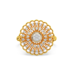 A yellow gold ring featuring a floral design with diamond accents, front view