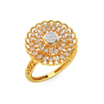 A yellow gold ring featuring a floral design with diamond accents, perspective view