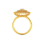 A yellow gold ring featuring a floral design with diamond accents, side view