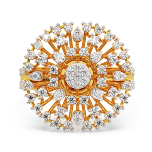 A yellow gold ring featuring a sunburst design with diamond accents, zoomed view