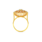 A yellow gold ring featuring a sunburst design with diamond accents, side view