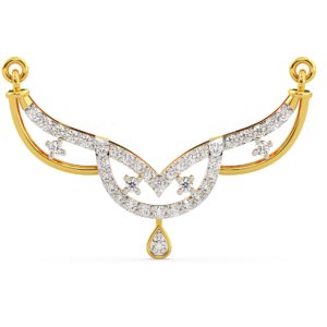 A yellow gold pendant shaped like wings, adorned with diamonds, zoomed view