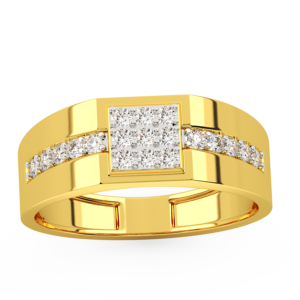 A men's ring featuring a square-shaped design with diamond accents, made in yellow and white gold, zoomed view