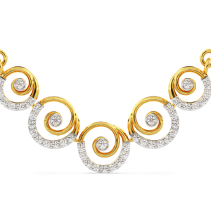 A yellow gold necklace with interconnected circular pendants set with diamonds, zoomed view