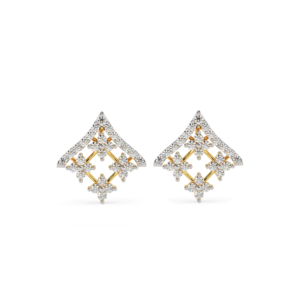 A pair of yellow gold earrings with a triangle design featuring diamond accents, front view