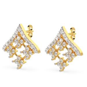 A pair of yellow gold earrings with a triangle design featuring diamond accents, zoomed view