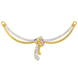 A yellow gold pendant with a knotted design and diamond accents, zoomed view