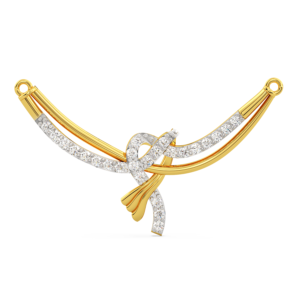 A yellow gold pendant with a knotted design and diamond accents, zoomed view