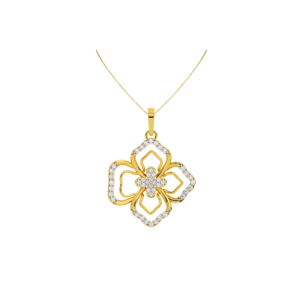 A yellow gold pendant featuring a four-petal flower design with lab-grown diamonds.