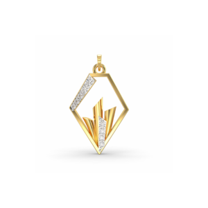 A yellow gold pendant with a geometric spear design featuring lab-grown diamonds.