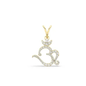 Gold Om diamond pendant featuring a radiant Om symbol adorned with lab-grown diamonds and a crescent accent, symbolizing celestial balance.